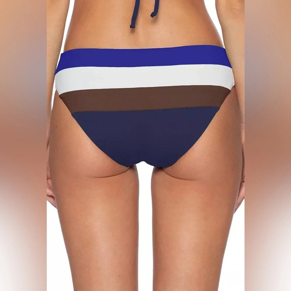 Becca Blue, White & Brown Striped Swim Suit Bikini Bottom Size Small NWOT